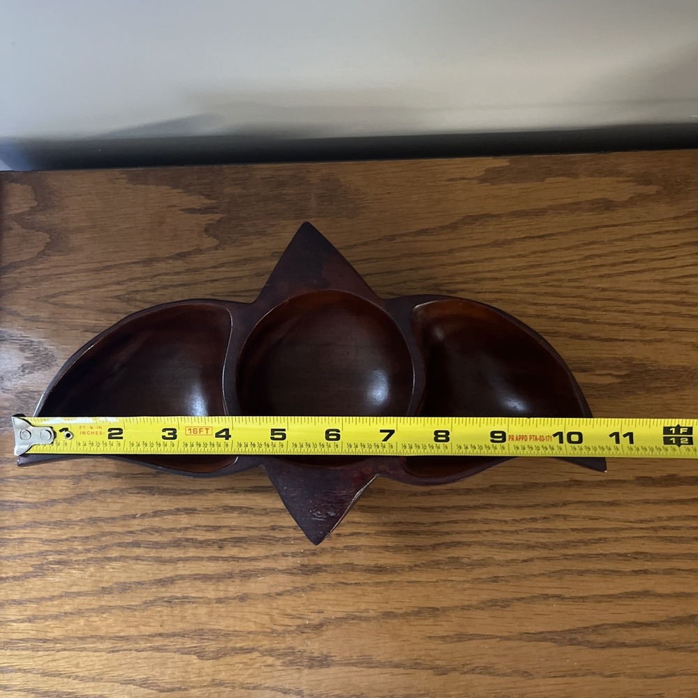 Vintage Solid Wood Bowl Divided Nut Dish Coin Tray Geometric MCM Rare Shape - Picture 11 of 13